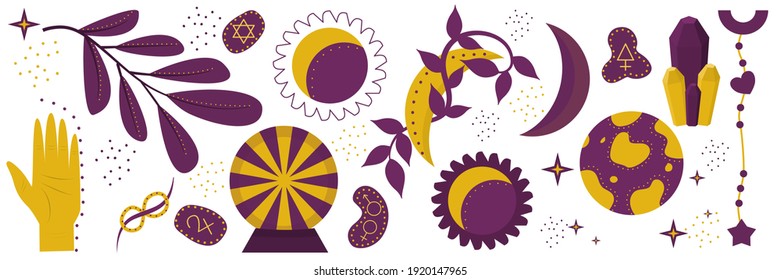 Boho witch and magic collection with symbols of the moon, sun, astronomy and palmistry, female hand, runes, stones. Vector set for astrology and magic.