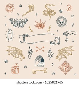 Boho Witch Magic Symbols Set. Mystic Tatoo Design Elements. Vector Illustration.