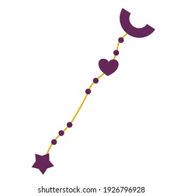 Boho witch and magic thread with symbols of stars, hearts, astronomy and palmistry, isolated on a white background. Vector illustration for astrology and magic.