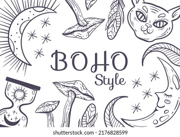 Boho witch magical mystery spiritual occult ornament banner cover concept. Vector flat graphic design illustration