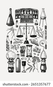 Boho witchcraft poster design template. Vintage Halloween background. Witch sketches. Hand-drawn vector illustration for print. Antique apothecary wall art.  NOT AI generated