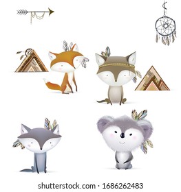 Boho Wolf, Koala und Fox-Set-Illustration Kinderzeichen-Vektorillustration aus Holz