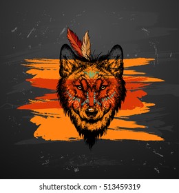 boho  wolf in the style of tattoo 