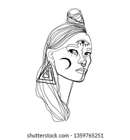 Boho woman with esoteric and ethnic elements on her body. 