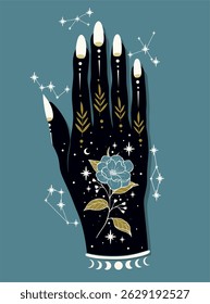 Boho woman hand with herbs, moon. Alchemy esoteric magic space.