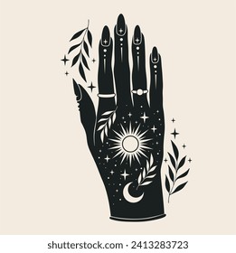 Boho woman hand with herbs, sun, moon. Alchemy esoteric magic space.