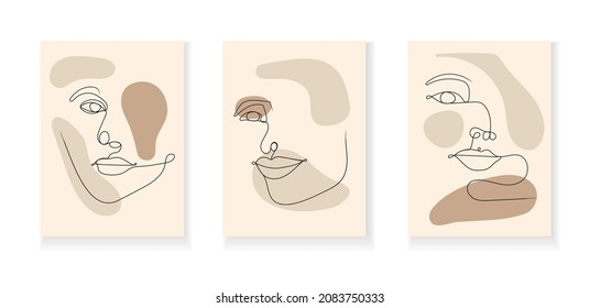 Boho women faces on abstract wall art vector set. Surreal portrait, Girl face in line style. Retro abstract picture in geometric outline technique, minimalist art style for poster, bohemian wall art.