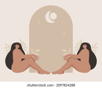 Boho women with plants, moon and stars. Beige neutral colors. Sacred magic and mystical symbol. Feminine concept. Esoteric female characters. Gemini zodiac sign. Flat style vector illustration.