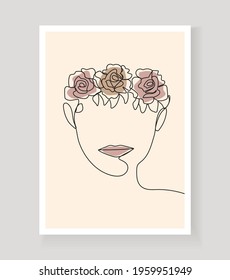 Boho women's face on abstract wall art vector. Surreal portrait with rose, girl face in continuous line style. Trendy floral, botanical abstract picture, minimalist art style for poster, wall art.