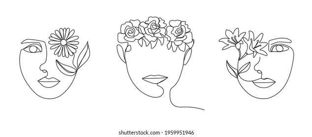 Boho women's faces on abstract wall art vector. Surreal portrait, Girl face in continuous line style. Trendy floral, botanical abstract picture, minimalist art style for poster