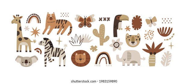 Boho Woodland Animals, Boho Elements, Rainbows, Cartoon Characters For Nursery Posters, Cards, Kids T-shirts. Vector Illustration. Isolated On White Background.