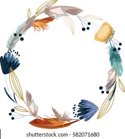 Boho Wreath With Flower And Feathers. Hand Drawn Vector Illustration. 