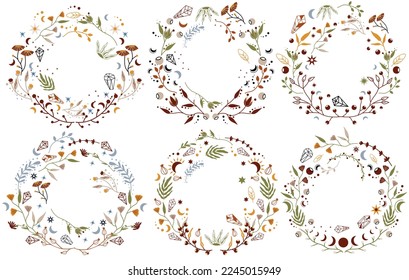 Boho wreath with mystical flowers, celestial moon, colored leaves. Mystical, esoteric compositions. Magical floral frame Perfect for greeting cards, poster, postcard, banner. Vector illustration