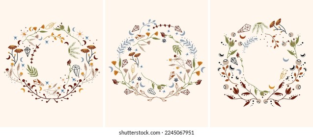 Boho wreath with mystical flowers, celestial moon, colored leaves. Mystical, esoteric posters. Magical floral frame Perfect for greeting cards, poster, postcard, banner. Vector illustration