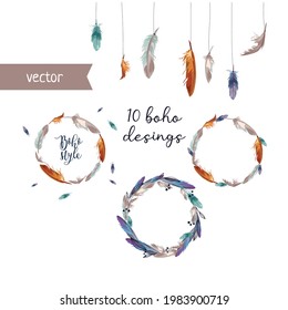 Boho wreath vector design. Colorful feathers isolated on white background. Beautiful elements for your greeting card, banner, wedding invitation.