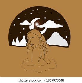 boho young girl swim under the  Moon and stars. Woman power, feminism print. Girl freedom concept. Vector illustration. Print for postcard, clothes