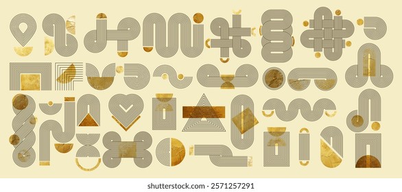 Boho zen arch lines. Abstract geometric shapes with gold texture. Vector illustration.