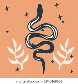 Boho-chick Mid-century modern illustration with hand-painted snake and palm leaves.
