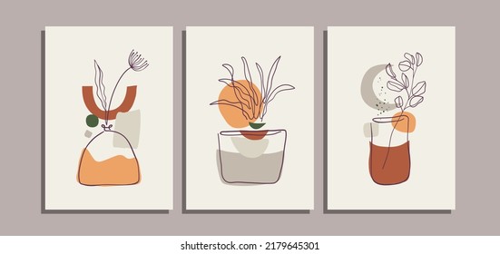 Bohoemian Poster Background With Continuous Line Pottery And Flower  Set for Wall Art Decoration  Brochure  Cover Design  Postcard  Banner  Social Media And Other Media Template  Vector Illustration 
