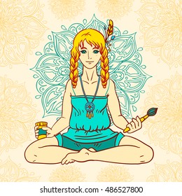 A boho-girl artist holding a brush and a paint. 
The girl is sitting against a background of a painted flower mandala. 