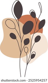 Una ilustración floral de inspiración boho con flores minimalistas de tonos terrosos con detalles delicados y abstractos. Esta obra de arte encarna una estética moderna y natural, perfecta para la decoración del hogar, papelería.