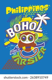 Bohol Philippines ethnic style drawing of tarsier and chocolate hills