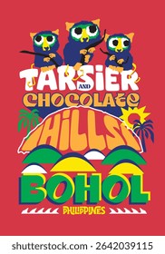 Bohol Philippines ethnic style drawing of tarsier and chocolate hills