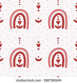 Boho-rainbow pattern with hearts. Pink romantic bohemian texture with rainbow arch. Backdrop for a romantic textile. Poster for romantics and lovers. Vector illustration