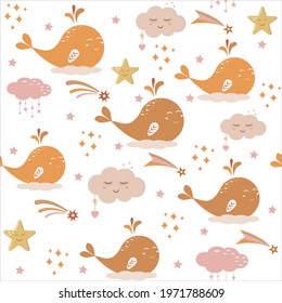Boho-style whales and clouds pattern, color vector illustration for children's rooms