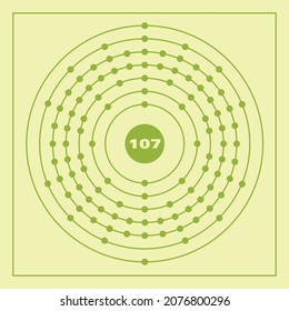 Bohr model representation of the bohrium atom, number 107 and symbol Bh.
Conceptual vector illustration of bohrium atom and electron configuration 2, 8, 18, 32, 32, 13, 2.