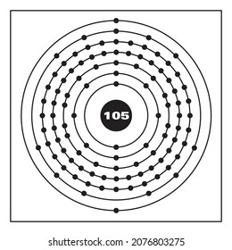 Representación del modelo Bohr del átomo del dubnio, número 105 y símbolo Db.
Ilustración conceptual vectorial del átomo del dubnio y la configuración de electrones 2, 8, 18, 32, 32, 11, 2.