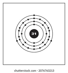 Bohr model representation of the gallium atom, number 31 and symbol Ga.
Conceptual vector illustration of gallium atom and electron configuration 2, 8, 18, 3.