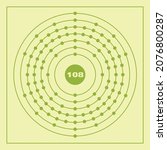 Bohr model representation of the hassium atom, number 108 and symbol Hs.
Conceptual vector illustration of hassium atom and electron configuration 2, 8, 18, 32, 32, 14, 2.