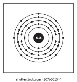 Bohr model representation of the iodine atom, number 53 and symbol I.
Conceptual vector illustration of iodine atom and electron configuration 2, 8, 18, 18, 7.