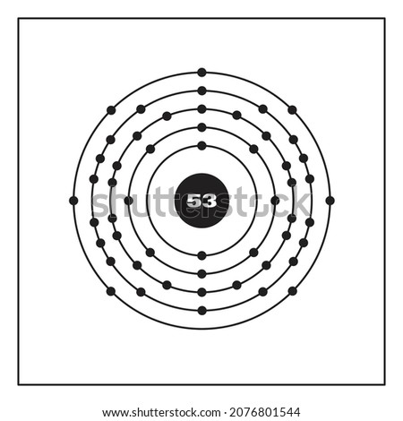 Bohr model representation of the iodine atom, number 53 and symbol I.
Conceptual vector illustration of iodine atom and electron configuration 2, 8, 18, 18, 7.