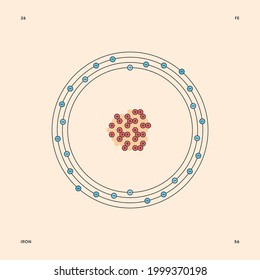Bohr model representation of the iron atom, number 26 and symbol Fe.
Conceptual vector illustration of iron-56 isotope atom, mass number 56 and electron configuration 2, 8, 14, 2.