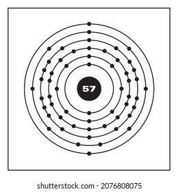 Bohr model representation of the lanthanum atom, number 57 and symbol La.
Conceptual vector illustration of lanthanum atom and electron configuration 2, 8, 18, 18, 9, 2.
