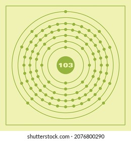 Representación del modelo Bohr del átomo de lawrencium, número 103 y símbolo Lr.
Ilustración conceptual vectorial del átomo de lawrencium y la configuración de electrones 2, 8, 18, 32, 32, 8, 3.