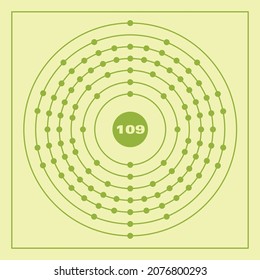 Bohr model representation of the meitnerium atom, number 109 and symbol Mt.
Conceptual vector illustration of meitnerium atom and electron configuration 2, 8, 18, 32, 32, 15, 2.