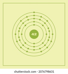 Bohr model representation of the molybdenum atom, number 42 and symbol Mo.
Conceptual vector illustration of molybdenum atom and electron configuration 2, 8, 18, 13, 1.