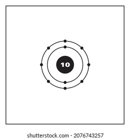 Bohr model representation of the neon atom, number 10 and symbol Ne.  
Conceptual vector illustration of neon atom and electron configuration 2, 8.