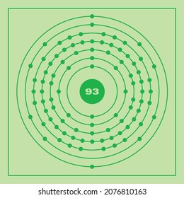 Bohr model representation of the neptunium atom, number 93 and symbol Np.
Conceptual vector illustration of neptunium atom and electron configuration 2, 8, 18, 32, 22, 9, 2.