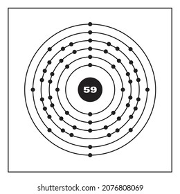 Bohr model representation of the praseodymium atom, number 59 and symbol Pr.
Conceptual vector illustration of praseodymium atom and electron configuration 2, 8, 18, 21, 8, 2.