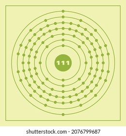 Bohr model representation of the roentgenium atom, number 111 and symbol Rg.
Conceptual vector illustration of roentgenium atom and electron configuration 2, 8, 18, 32, 32, 17, 2.