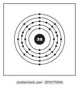 Bohr model representation of the strontium atom, number 38 and symbol Sr.
Conceptual vector illustration of strontium atom and electron configuration 2, 8, 18, 8, 2.