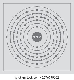 Representación del modelo Bohr del átomo de tenessina, número 117 y símbolo Ts.
Ilustración conceptual vectorial del átomo de tenesina y la configuración de electrones 2, 8, 18, 32, 32, 18, 7.
