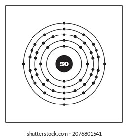 Bohr model representation of the tin atom, number 50 and symbol Sn.
Conceptual vector illustration of tin atom and electron configuration 2, 8, 18, 18, 4.