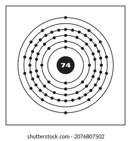 Bohr model representation of the tungsten atom, number 74 and symbol W.
Conceptual vector illustration of tungsten atom and electron configuration 2, 8, 18, 32, 12, 2.