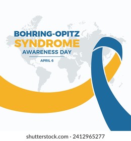 Bohring-Opitz Syndrome Awareness Day poster vector illustration. Rare genetic condition symbol. Yellow and blue awareness ribbon and world map icon vector. April 6 each year. Important day