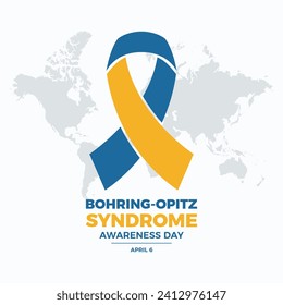 Bohring-Opitz Syndrome Awareness Day poster vector illustration. Rare genetic condition symbol. Yellow and blue awareness ribbon and world map icon vector. April 6 each year. Important day